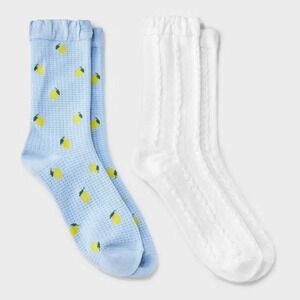 Women's Lemons 2pk Crew Socks with Ruffle Cuff - Auden Blue/White 4-10